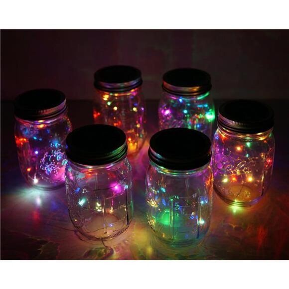 6 Pack Mason Jar Lights, 10 LED Solar Colorful Flicker Fairy String Lights Lids - Picture 6 of 7